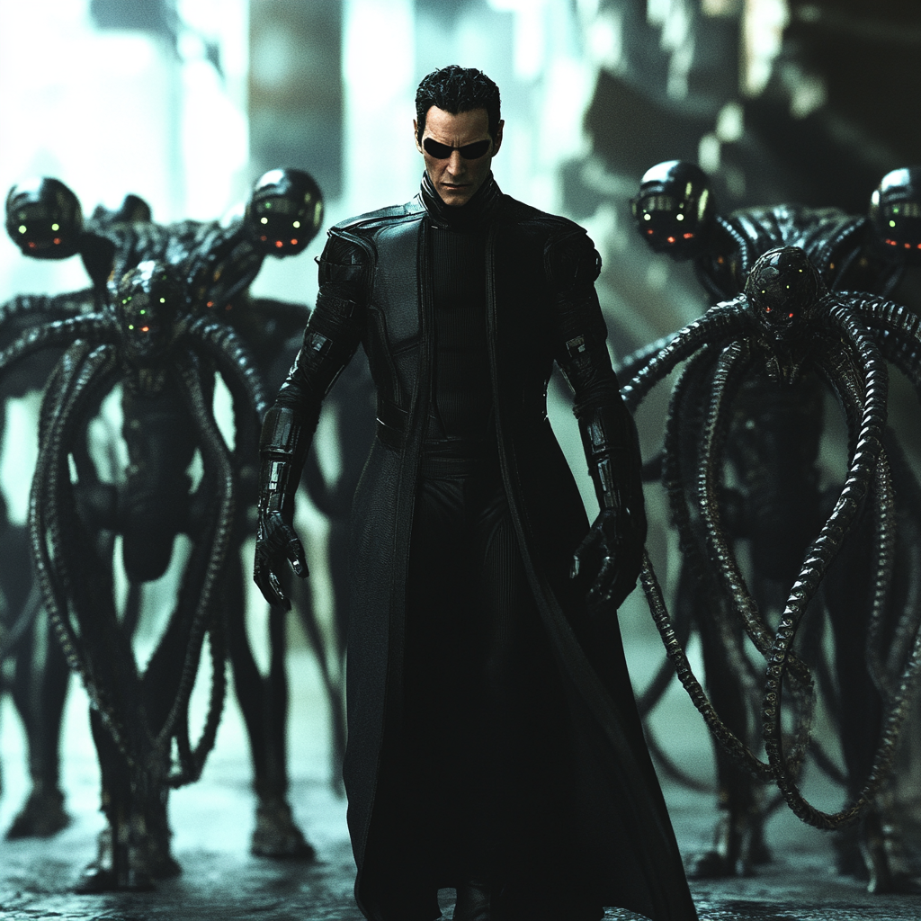 Neo from The Matrix stops robots with arms.