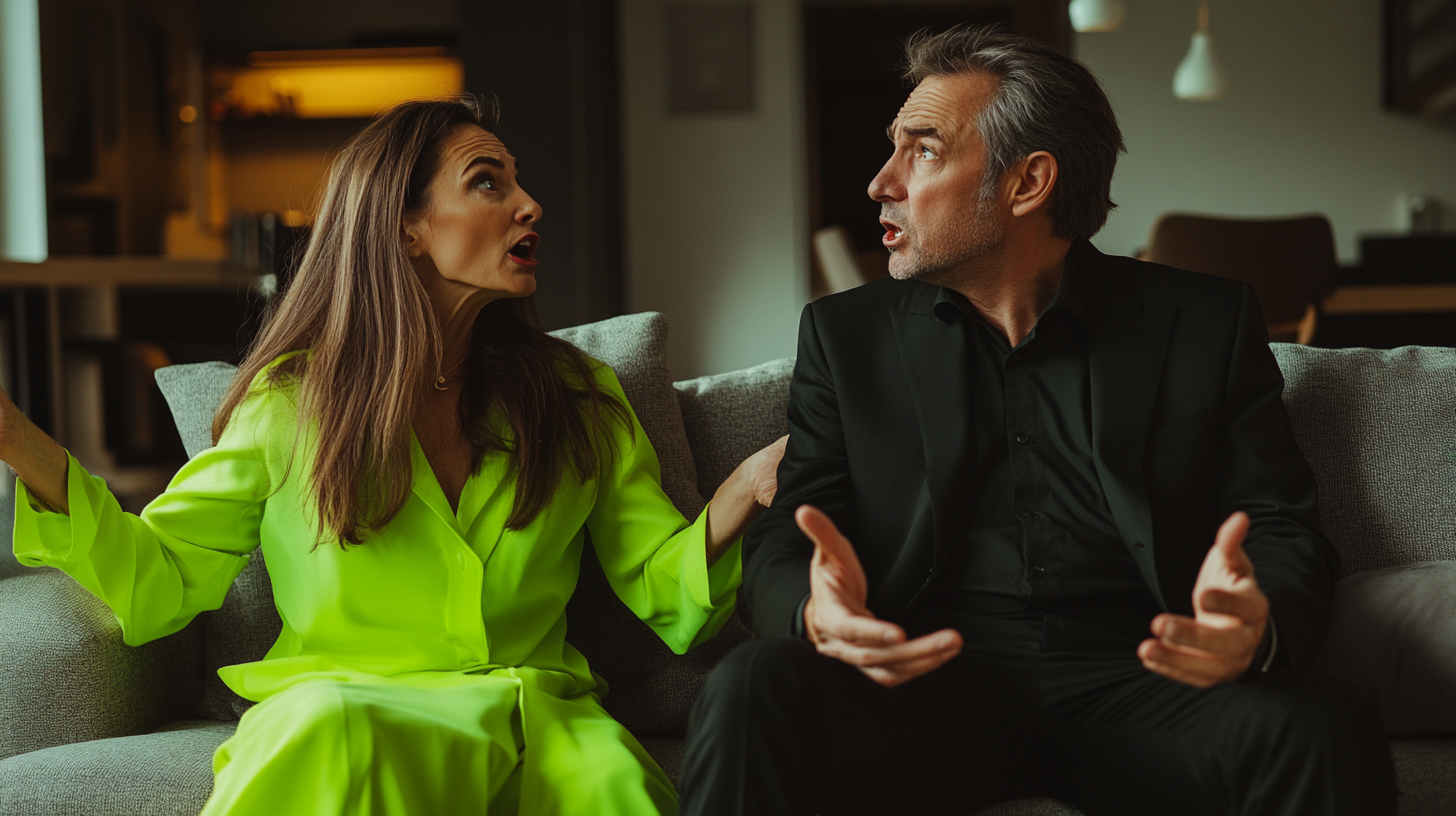 Neon Green Clothes Woman and Black Clothes Man Arguing on Couch in Modern Apartment