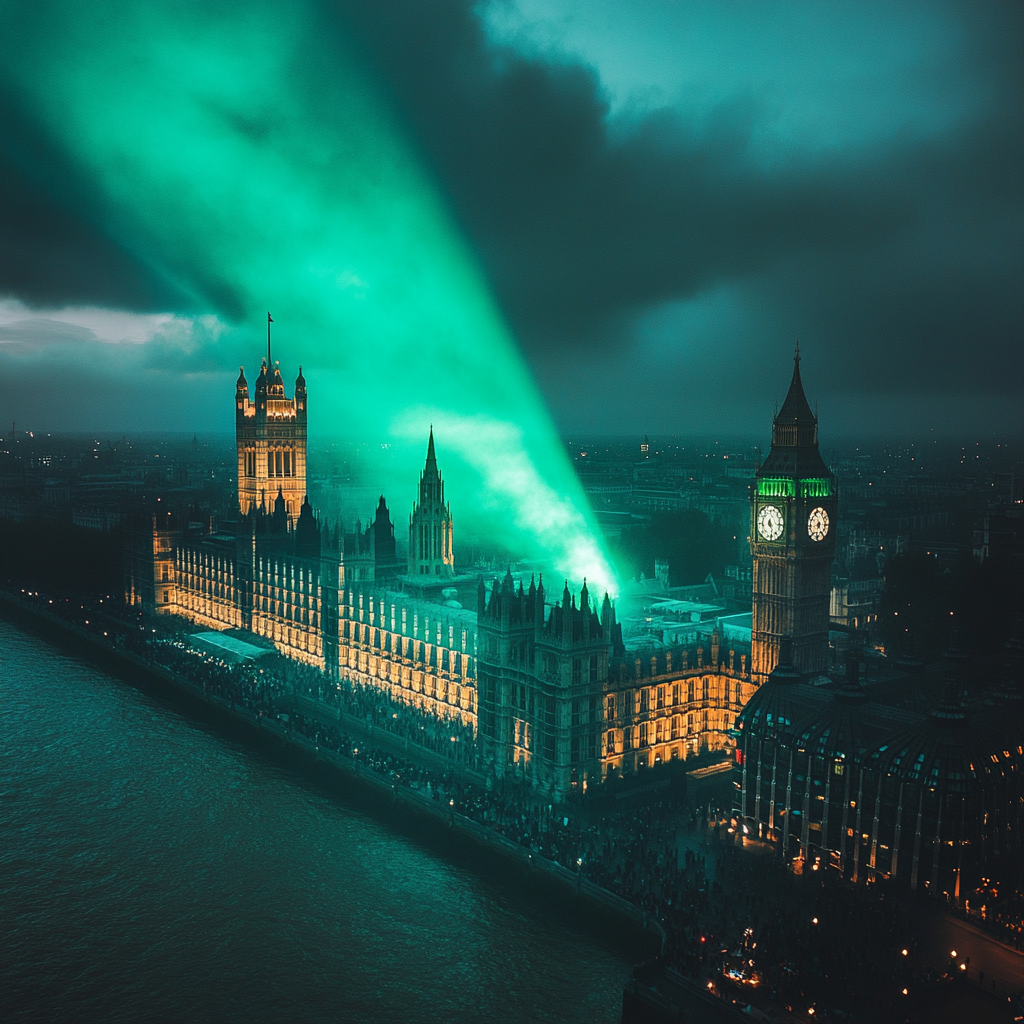 Neon Green Spotlight on London Parliament, Night Sky Crowd.