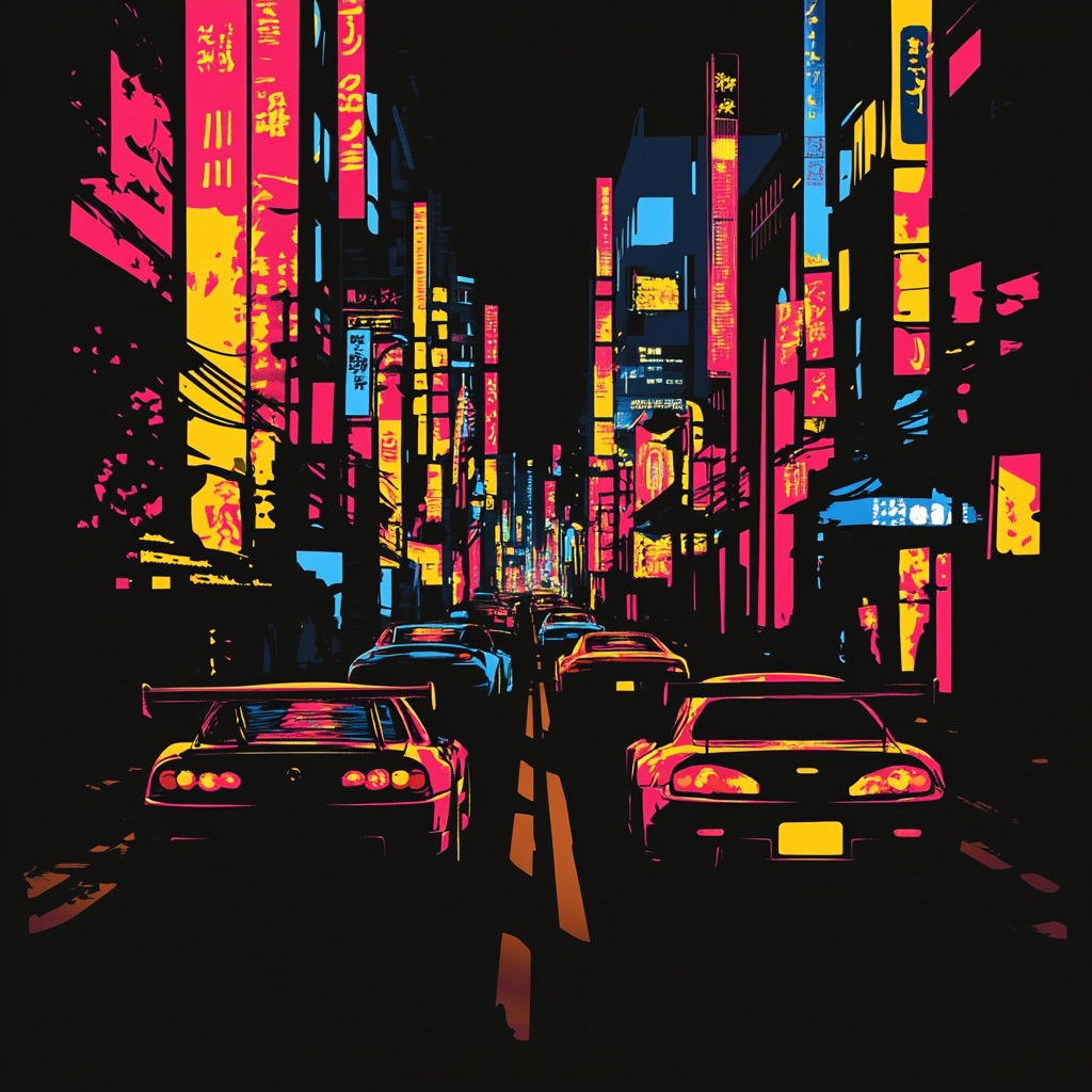 Neon Japan City Street with Racing Cars Silhouettes