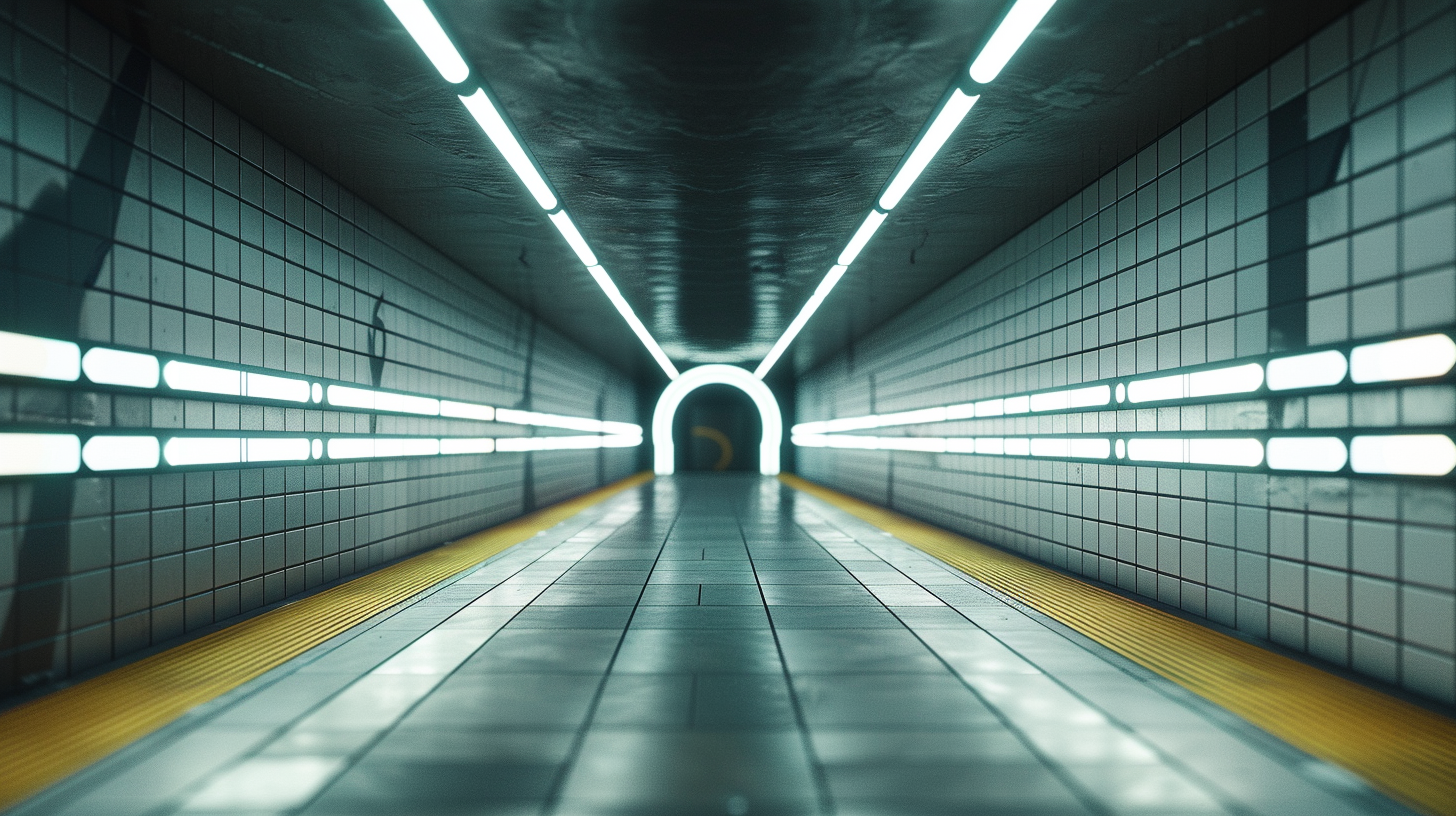 Neon Light Tubes in Metro Corridor, Cinematic Dark