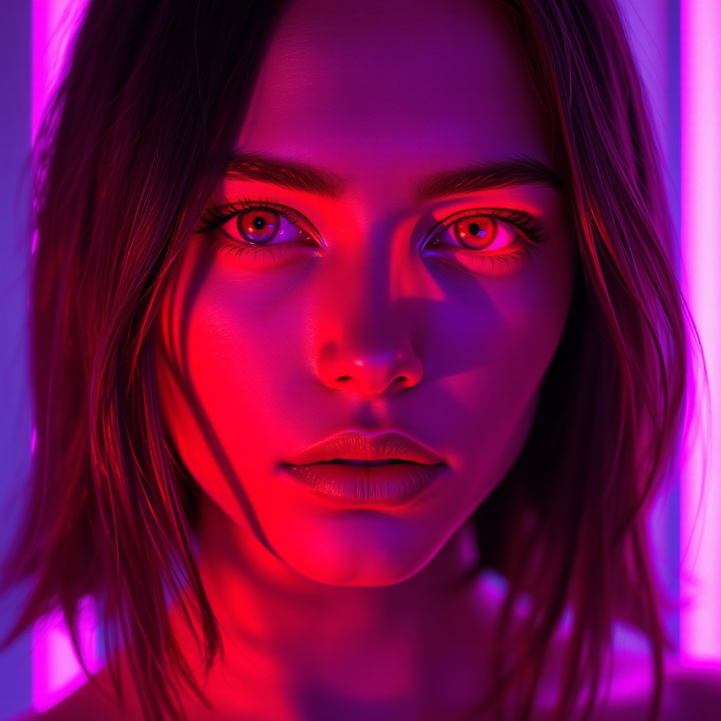 Neon Lights Reflecting on Woman's Face