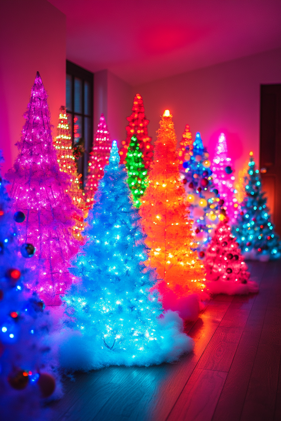 Neon Mini Christmas Trees with Colorful Ornaments