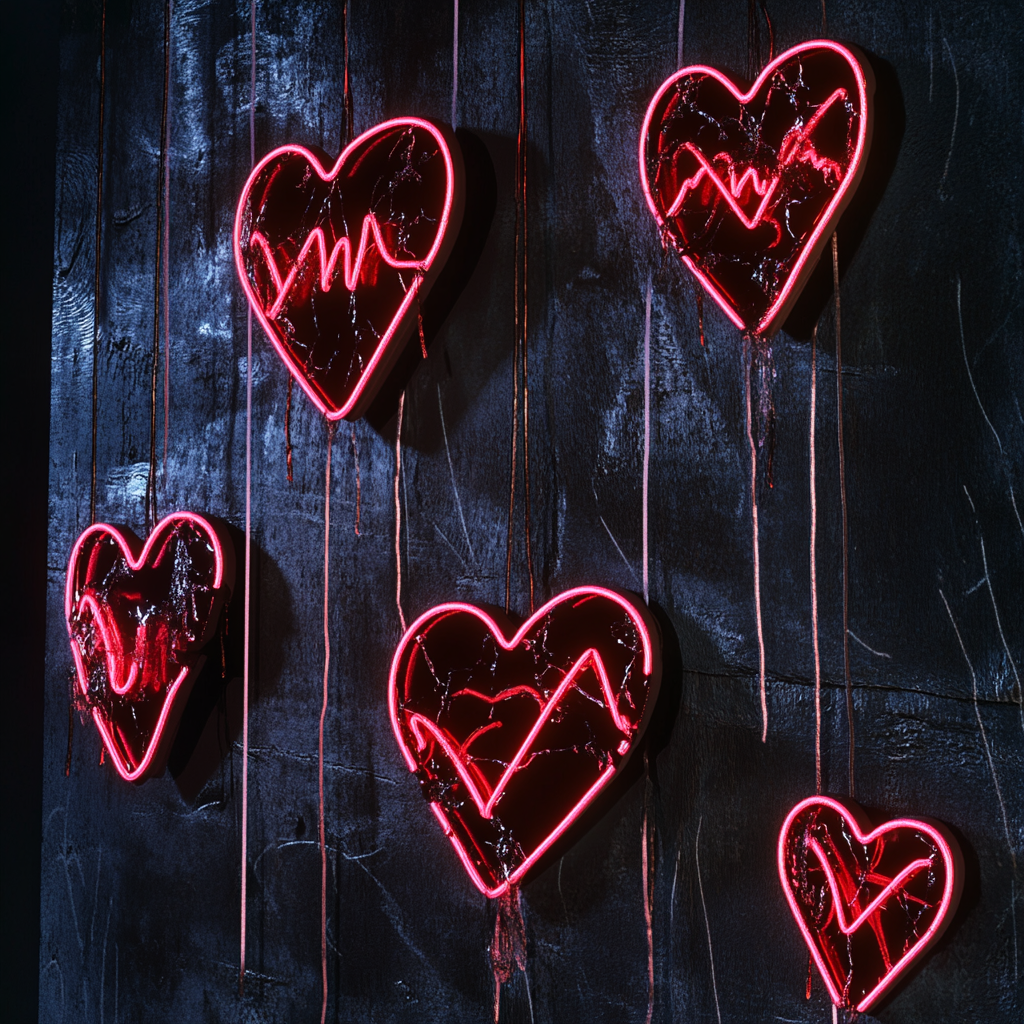 Neon Signs and Lips on Dark Wall, Realistic, High Resolution.