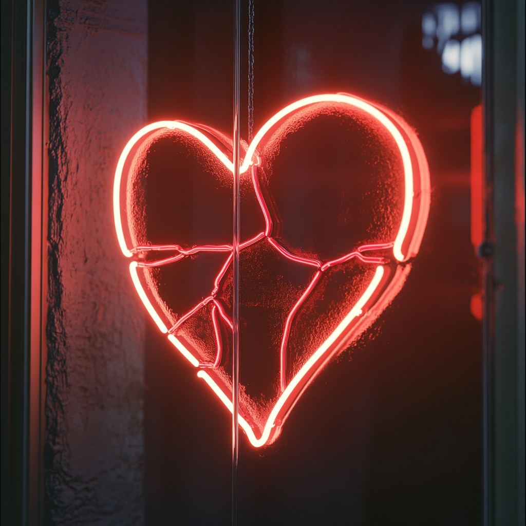 Neon Signs of Broken Hearts on Dark Wall