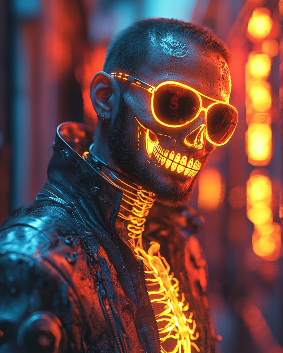 Neon Skeleton Man in Cyberpunk Style Art