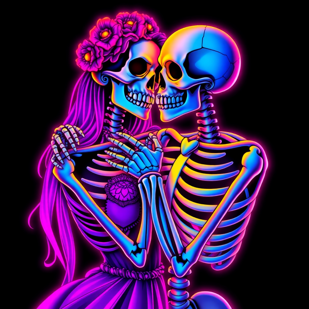 Neon Sugar Skull Lovers Embrace