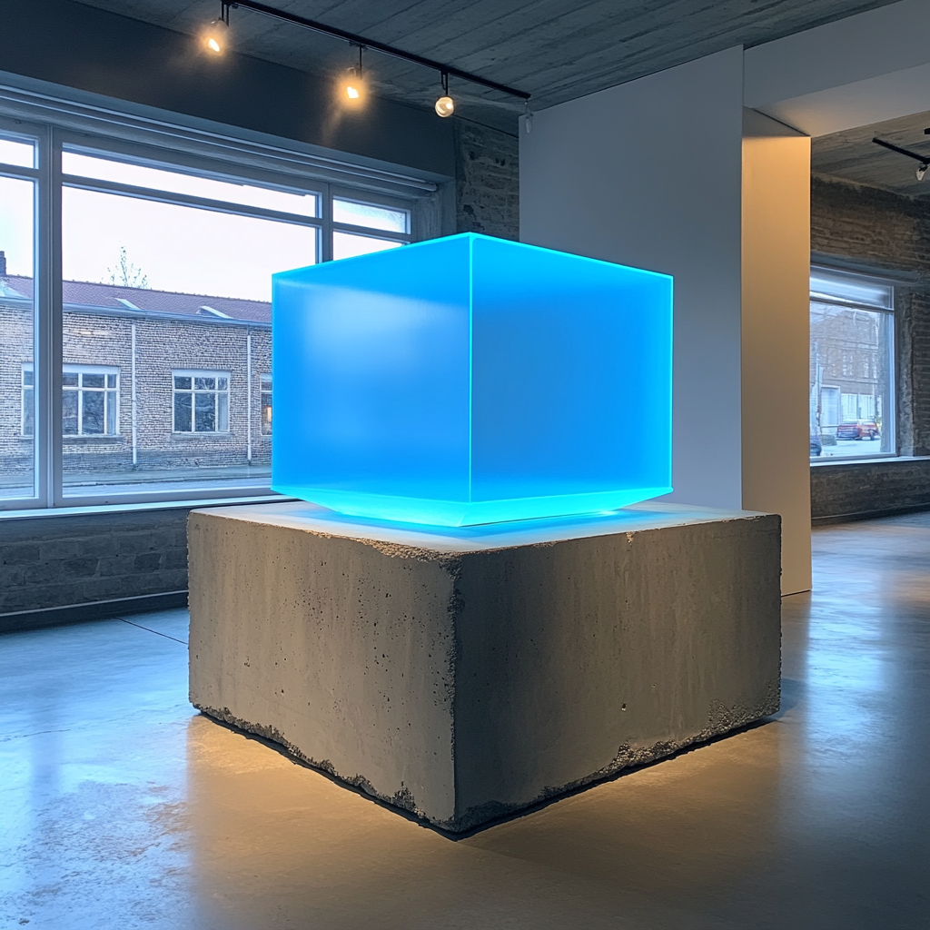 Neon blue box on concrete pedestal in Copenhagen gallery.