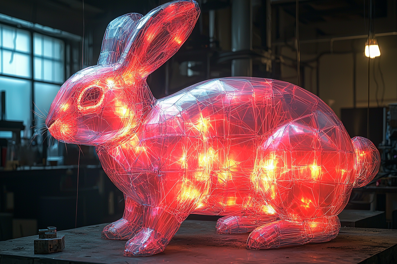 Neon geometric bunny in empty black space.