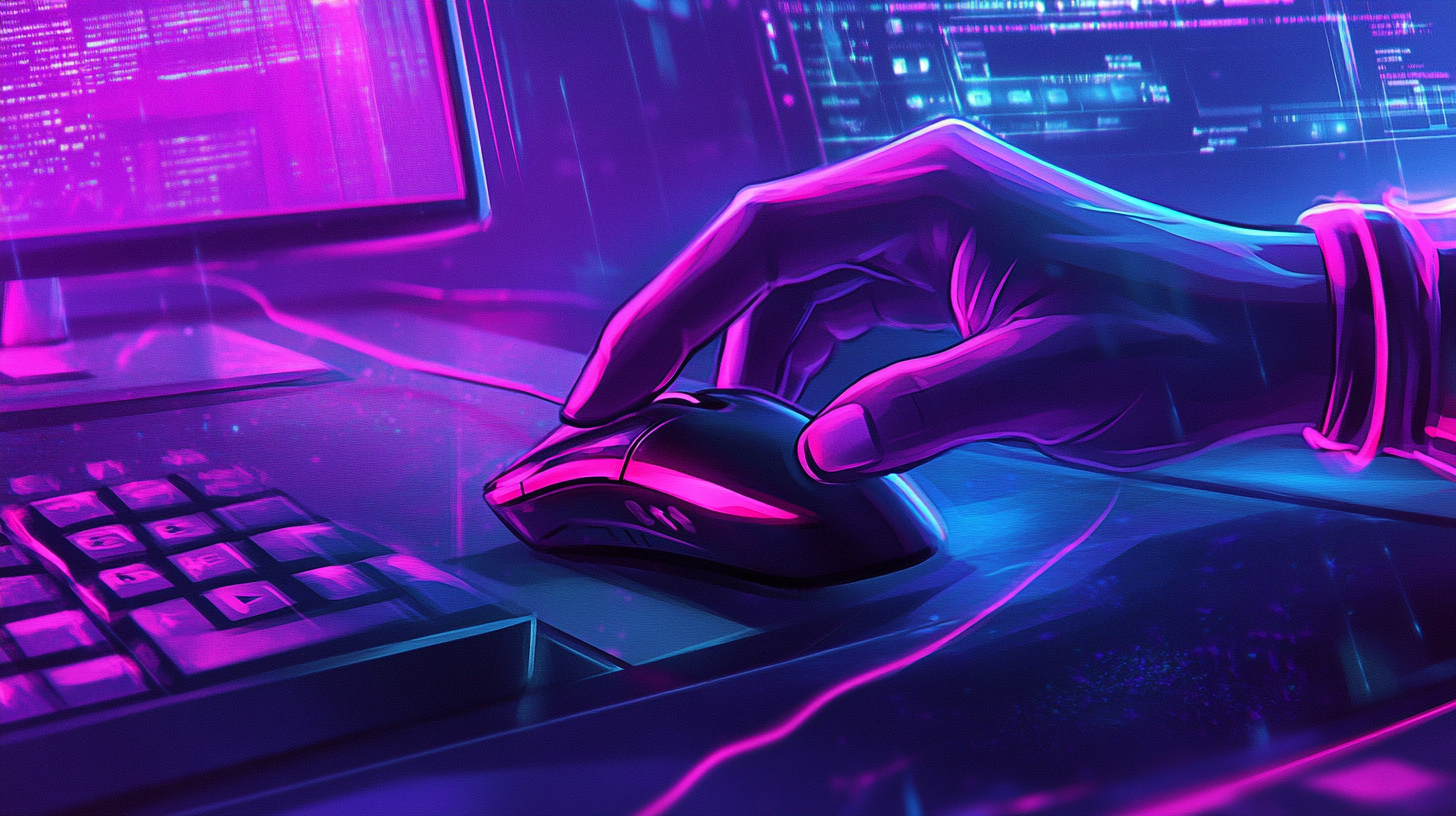 Neon glowing hand clicks mouse in cyber office