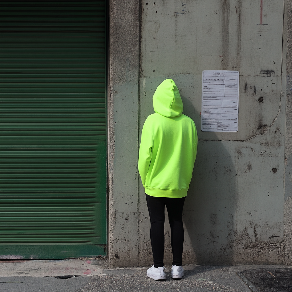 Neon green hoodie, hood up, dramatic lighting.