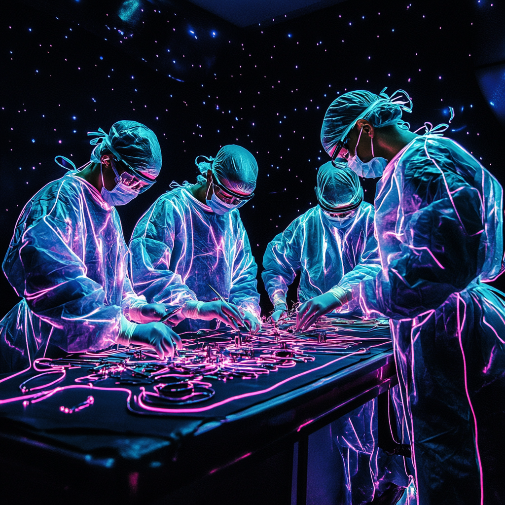 Neon inspectors examine instruments, sparks fly, black background nebula.