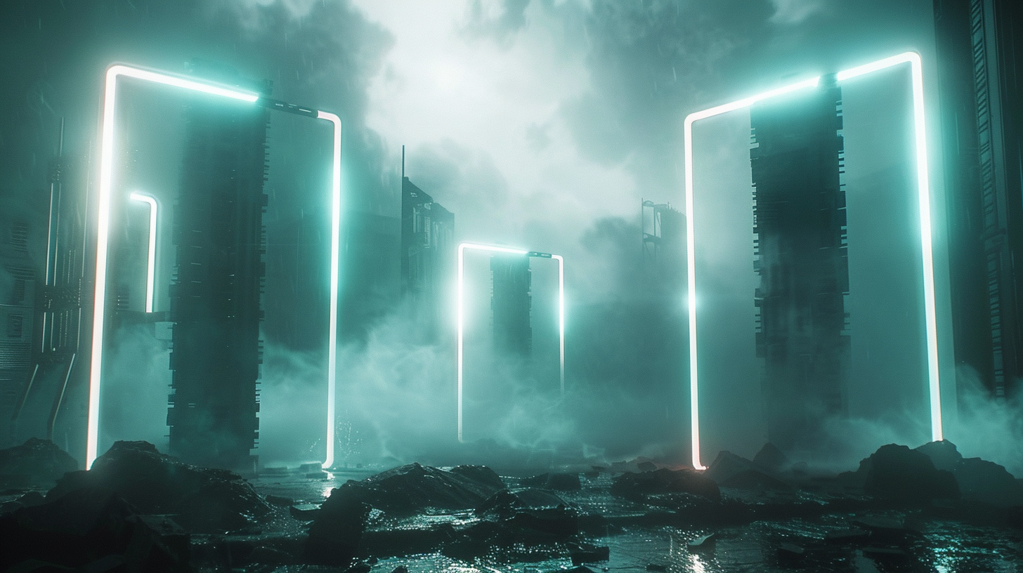 Neon lasers float, casting eerie glow in futuristic wasteland.