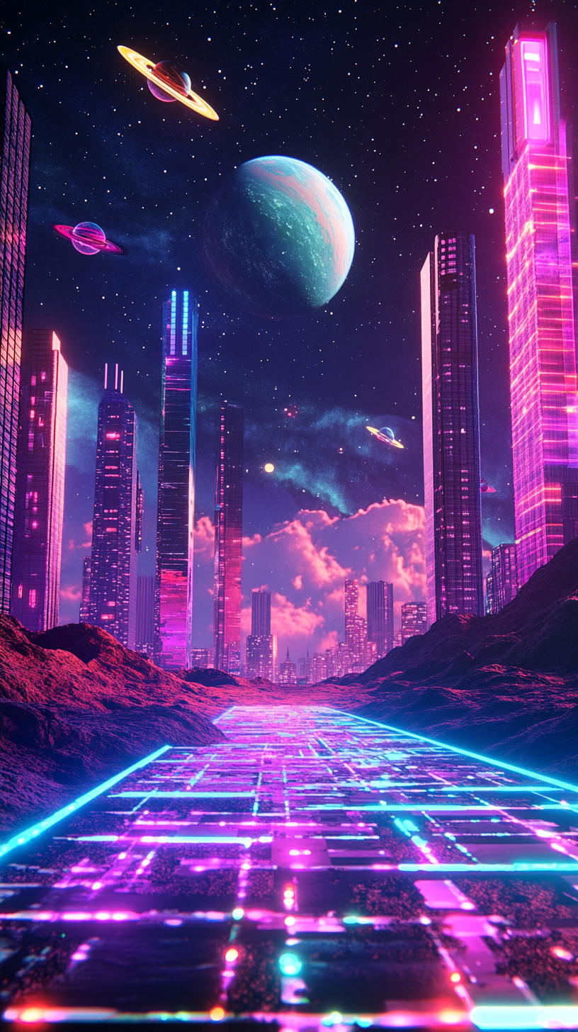 Neon-lit dance floor on lunar surface with skyscrapers, aliens.