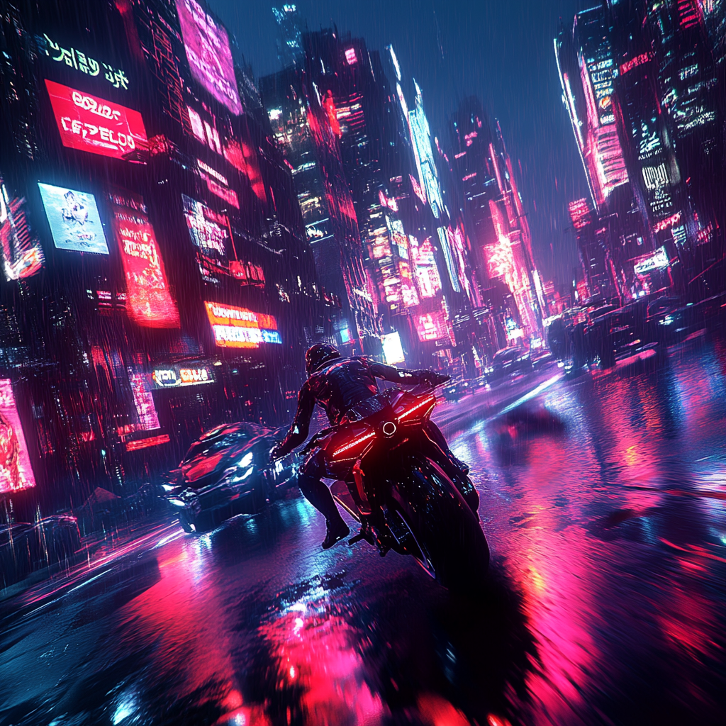 Neon-lit futuristic cityscape with speeding motorcycles and vibrant energy.