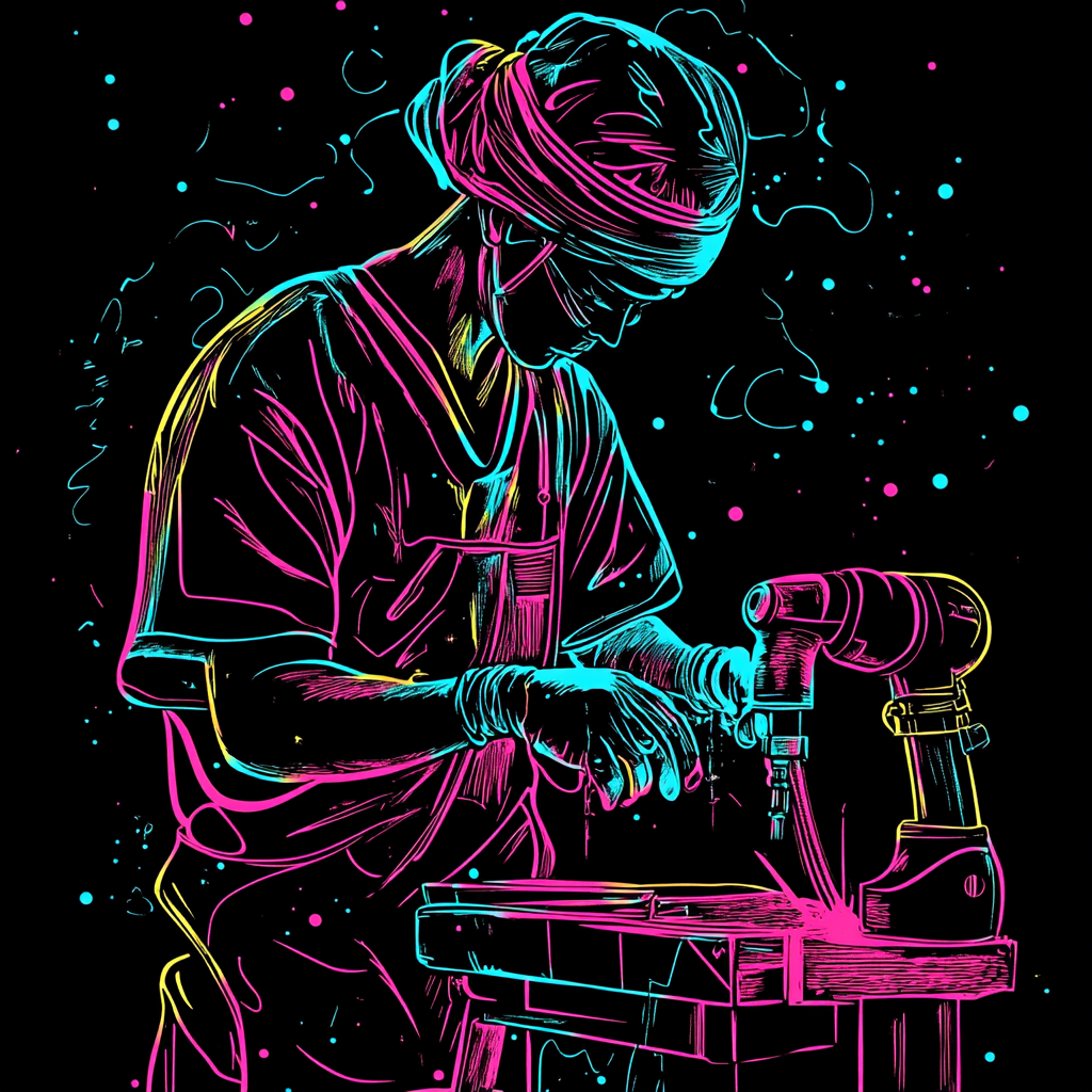 Neon scrub tech cleans orthopedic drill in space drawing.