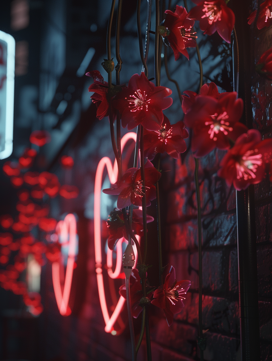 Neon signs and broken hearts on dark wall 