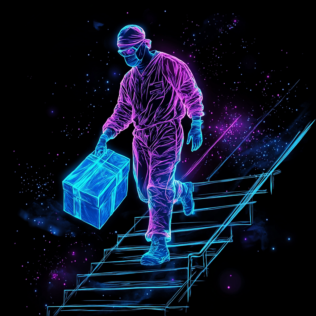 Neon sterile processing technician carrying blue medical package upstairs.