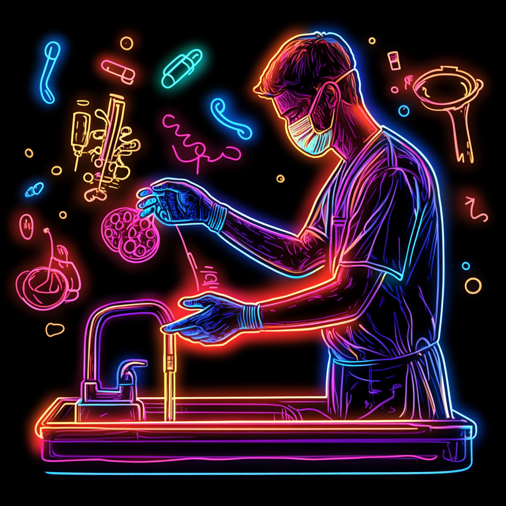 Neon technician cleans medical instruments; black background, glowing colors.