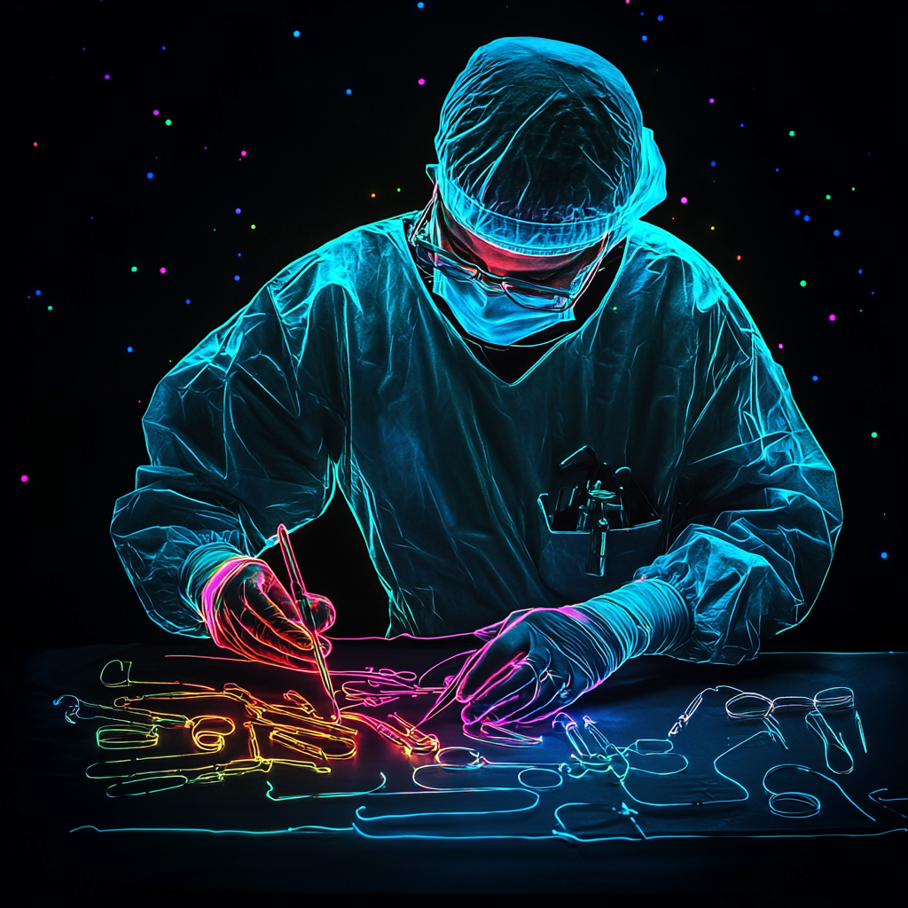 Neon technician inspecting instruments at glowing table.