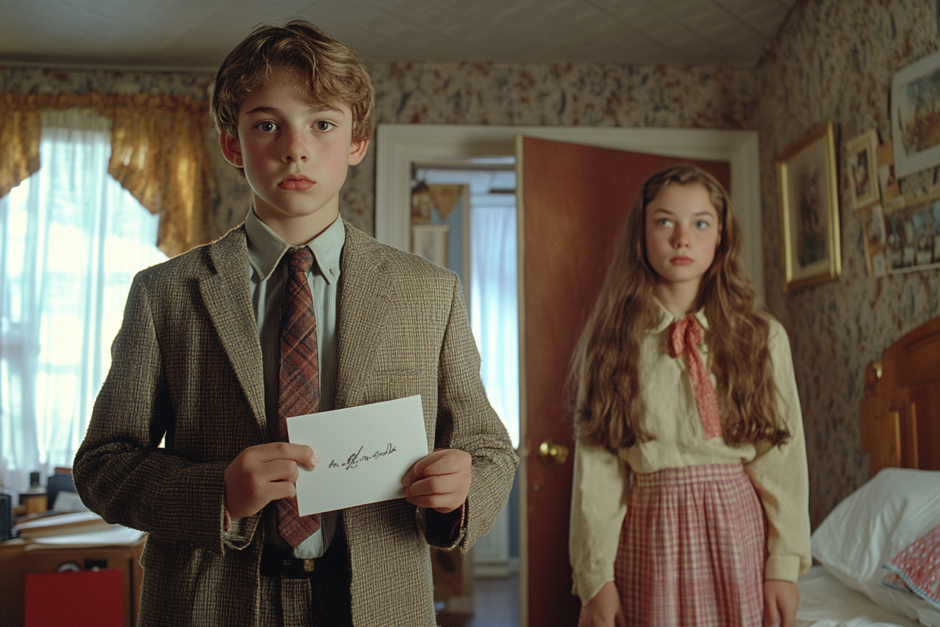 Nerdy boy in blazer holds envelope, sister at door.