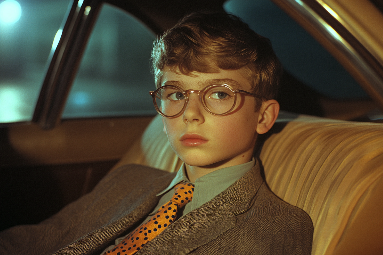 Nerdy teenage boy in school uniform sits in car.