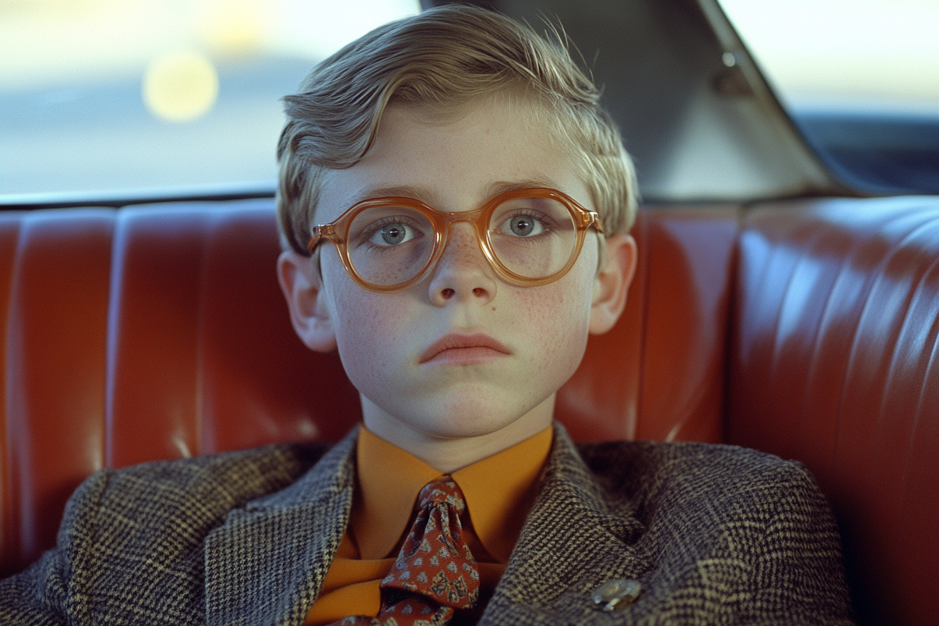 Nerdy teenager in school outfit sitting in car.