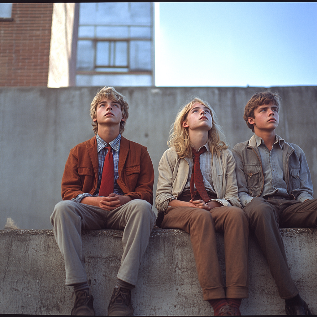 Nerdy teens in blazer sit on concrete wall.