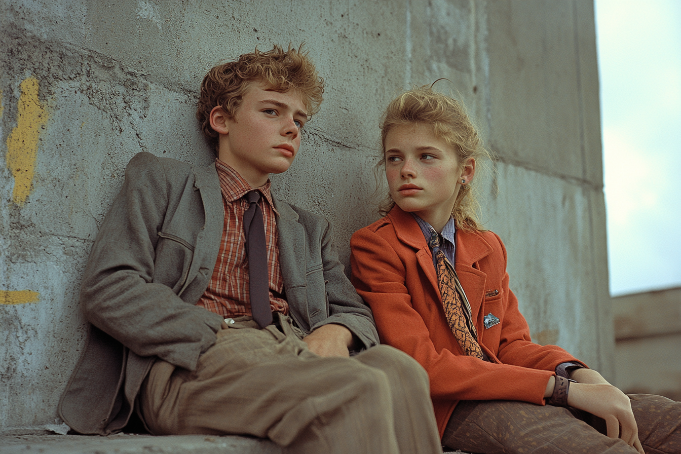 Nerdy teens in blazers sit in industrial space.