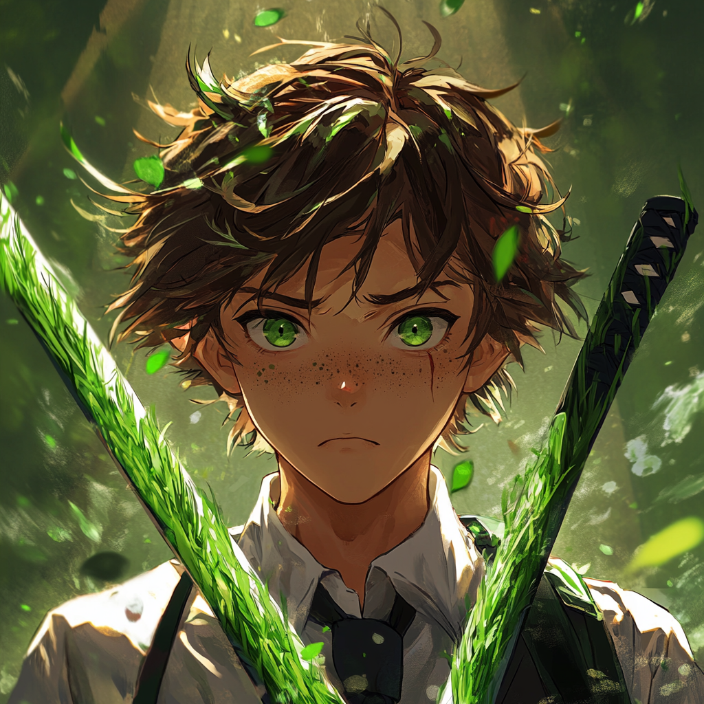 Nervous teenager with grass hair holds grass sword.