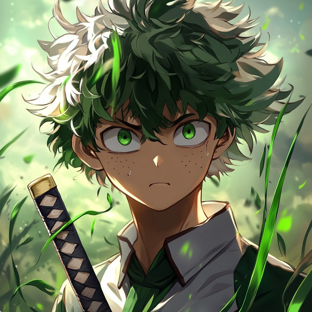 Nervous young hero with grass hair and sword