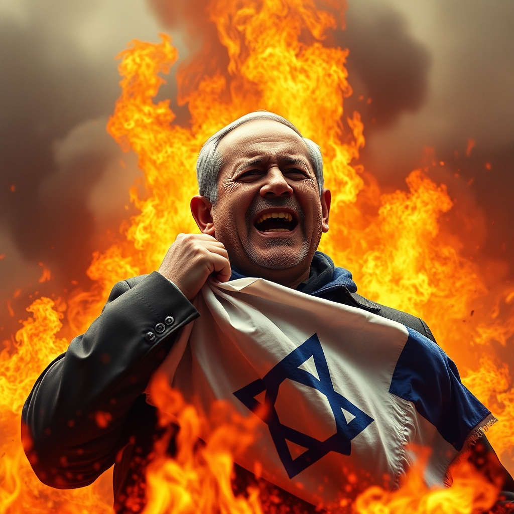 Netanyahu rises from flames holding torn flag, crying.