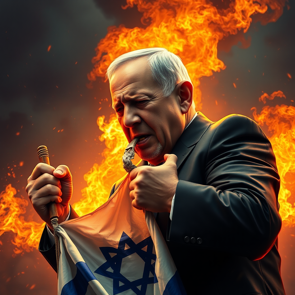 Netanyahu rises in flames, holds flag, cries.