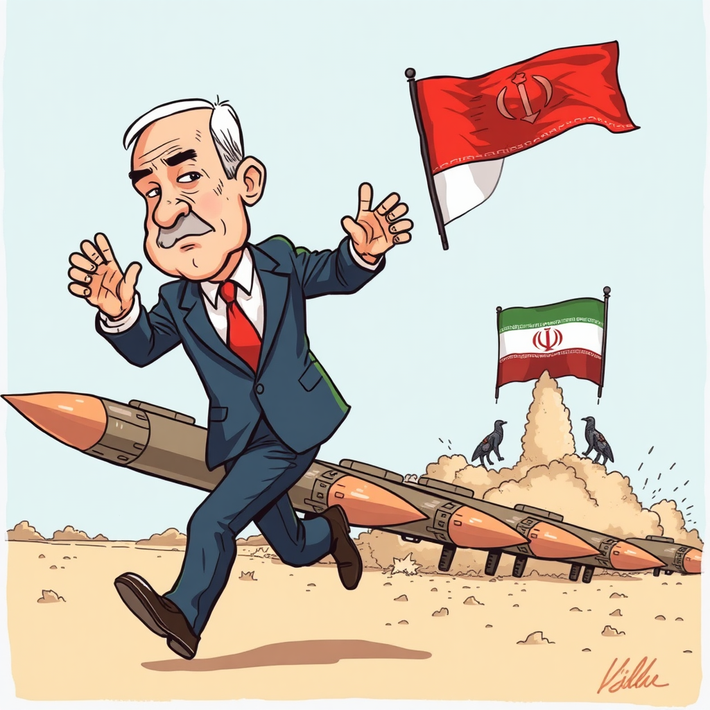 Netanyahu running from missiles with Iranian flag, cartoon image.