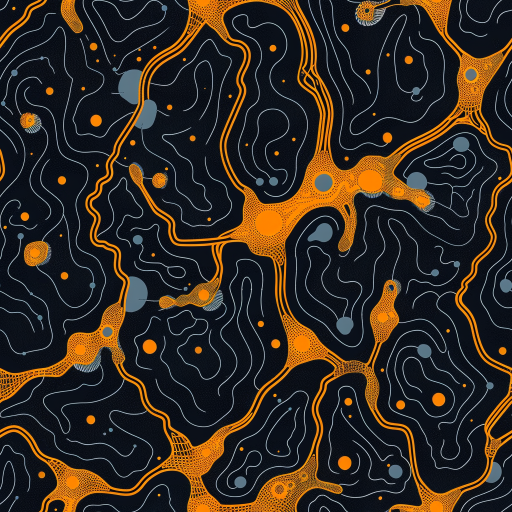 Neuron axon growth patterns on futuristic circuit boards.