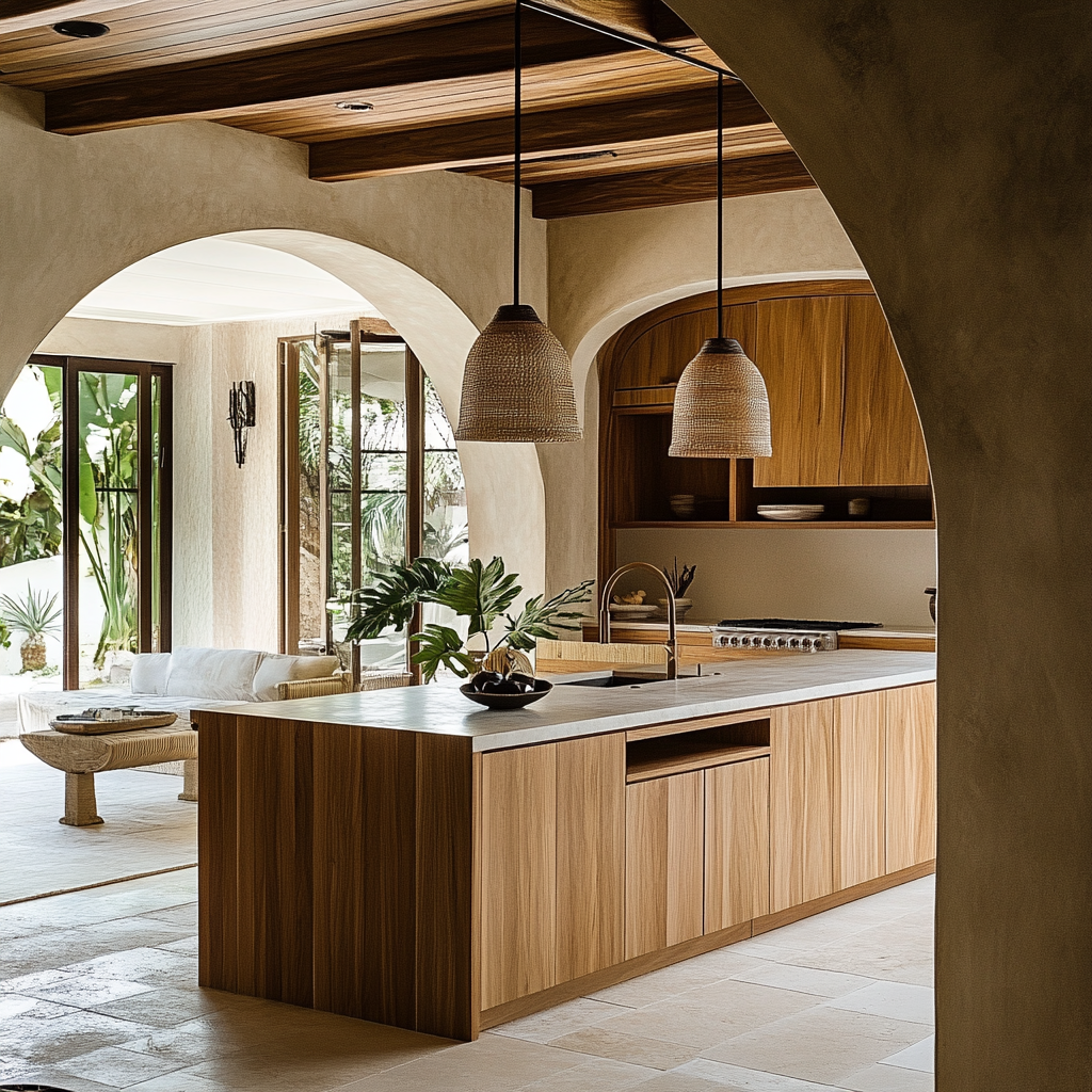 Neutral-Toned Bungalow Kitchen with Arch and Island 