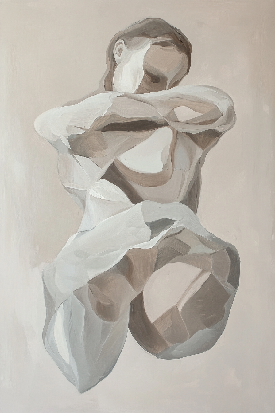 Neutral background painting of female form in muted style.