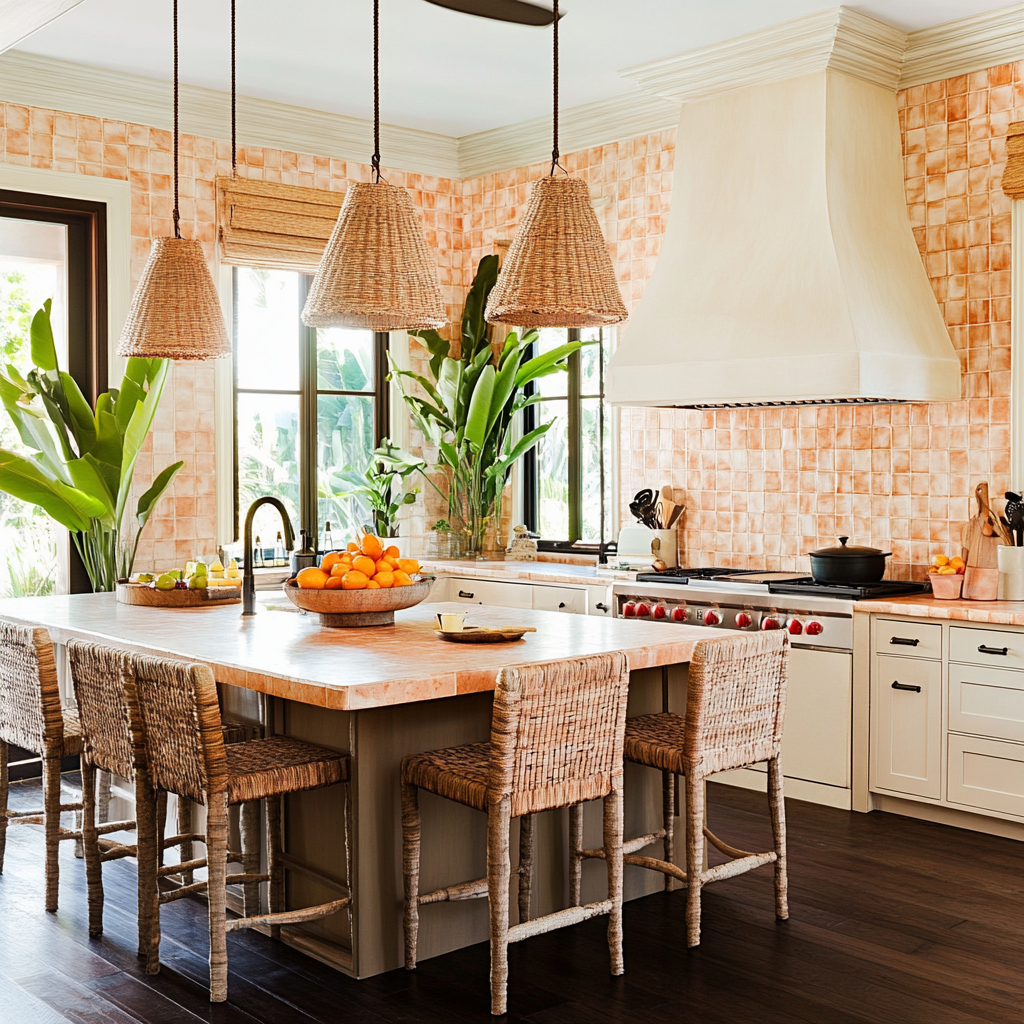 Neutral bungalow kitchen with peach tile backsplash