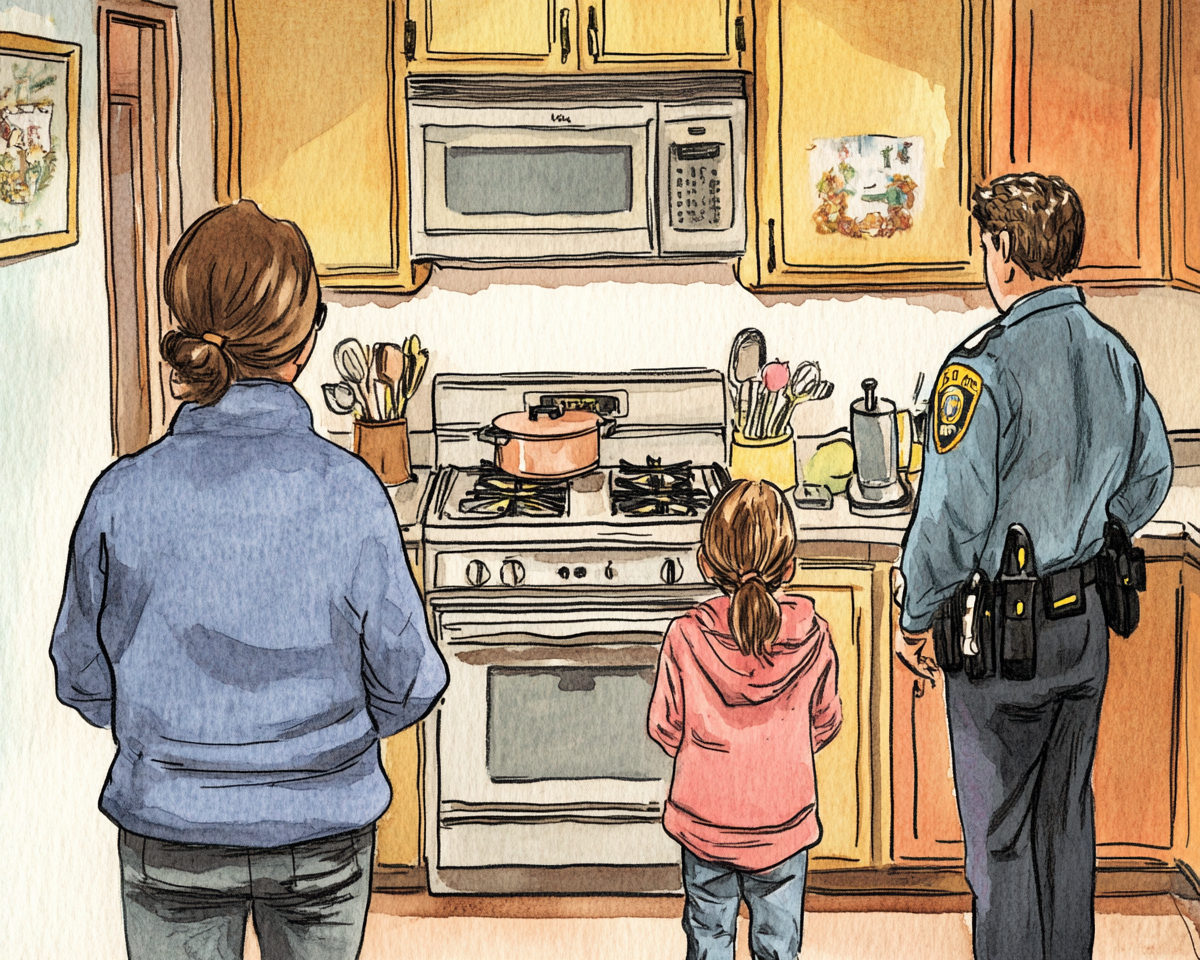 New Yorker cartoon style: mother cooks, family leaves.