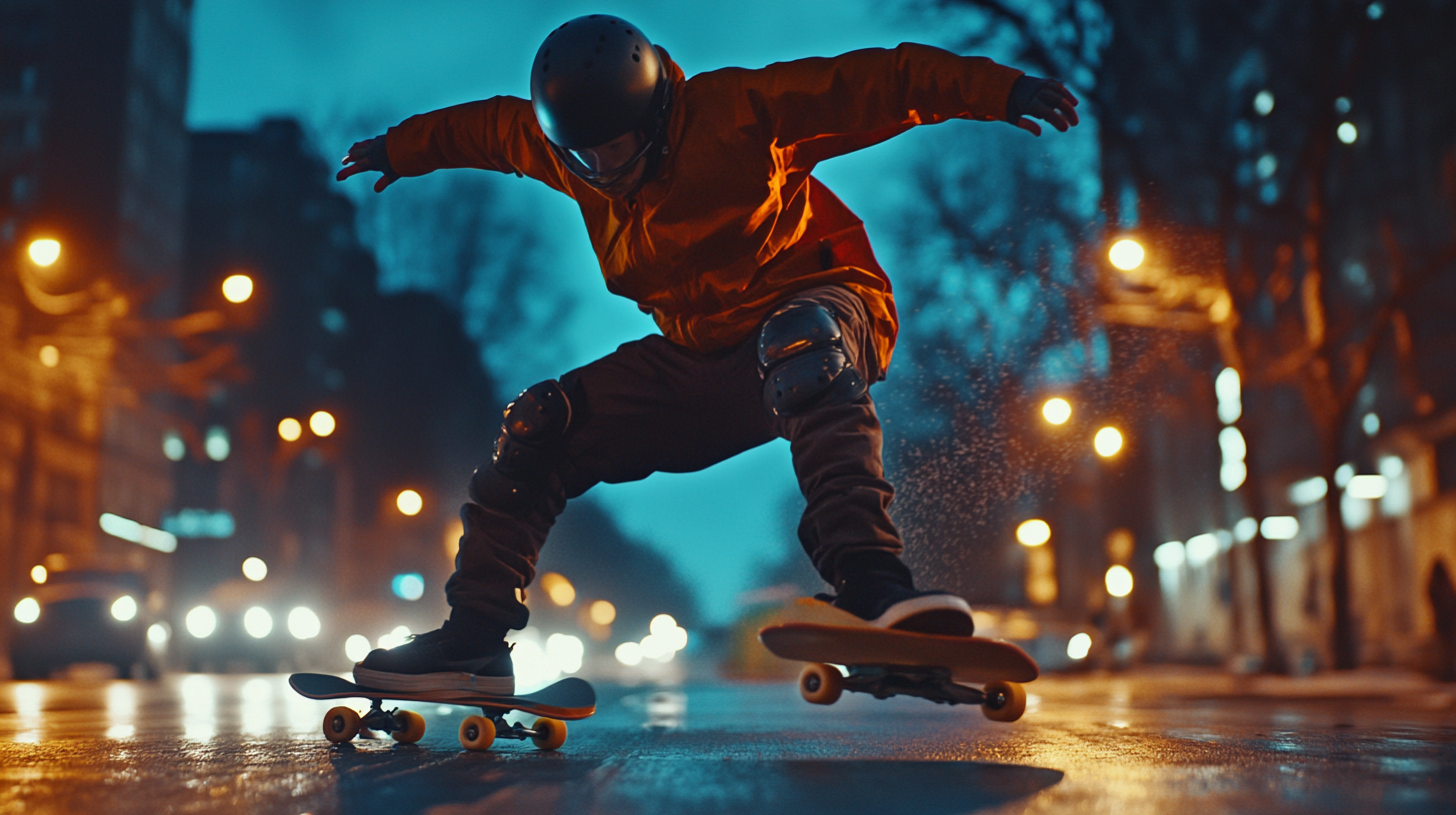 Newbie skater wearing protective gear balances on skateboard.