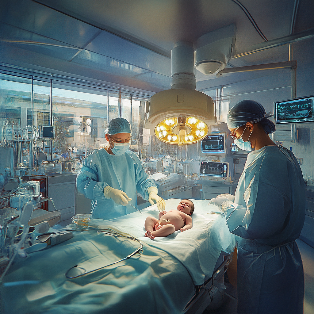 Newborn baby in doctor's arms, wide angle view.