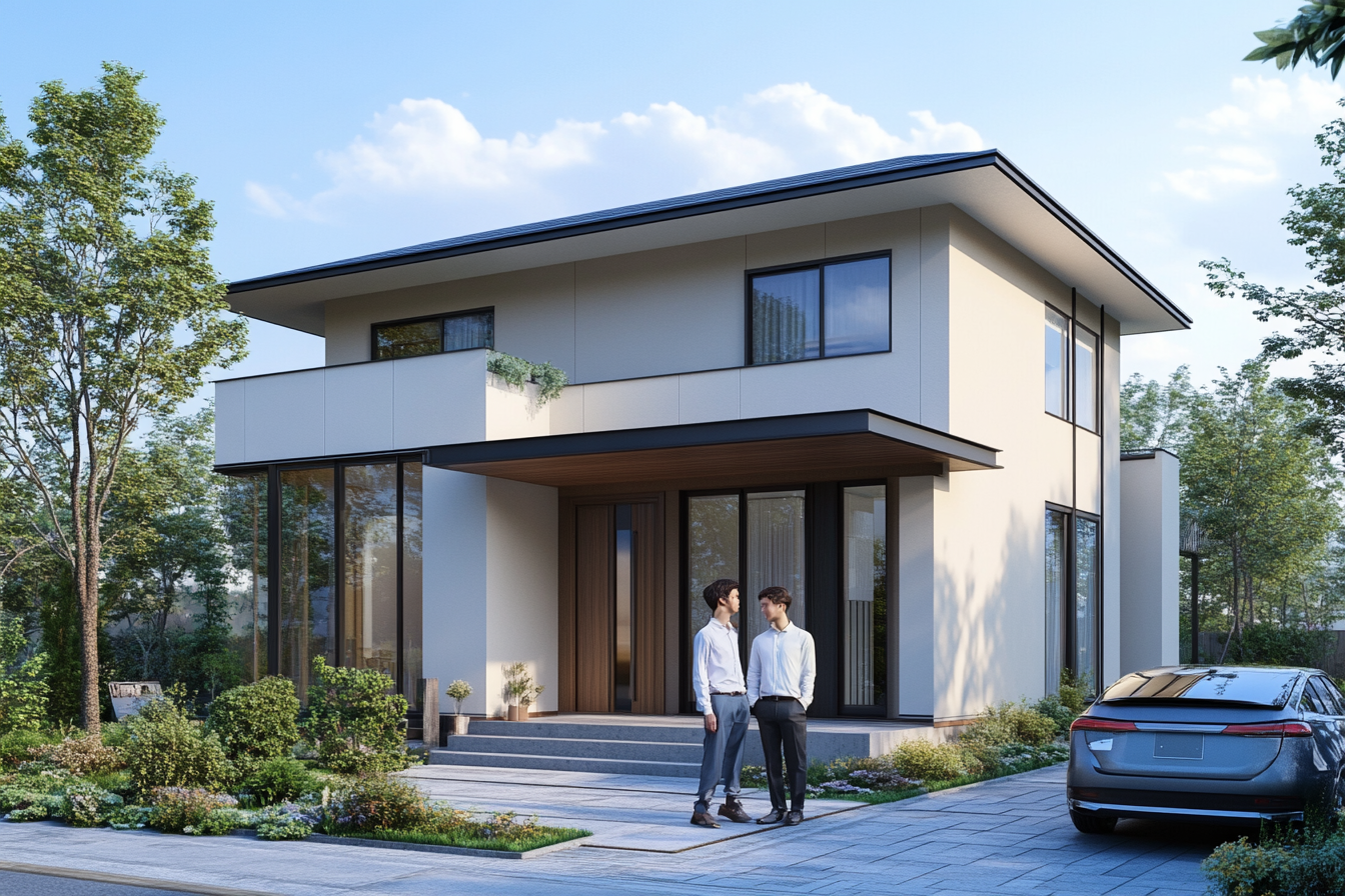 Newly Married Couple in Front of Modern Home