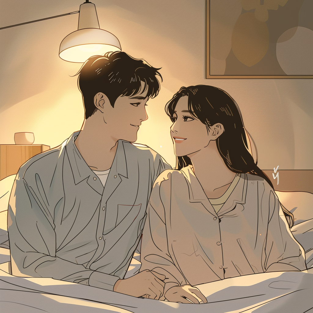 Newlywed Korean couple in cozy pajamas on bed together.