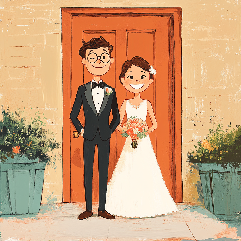 Newlyweds posing by flower door, vibrant children's book art.