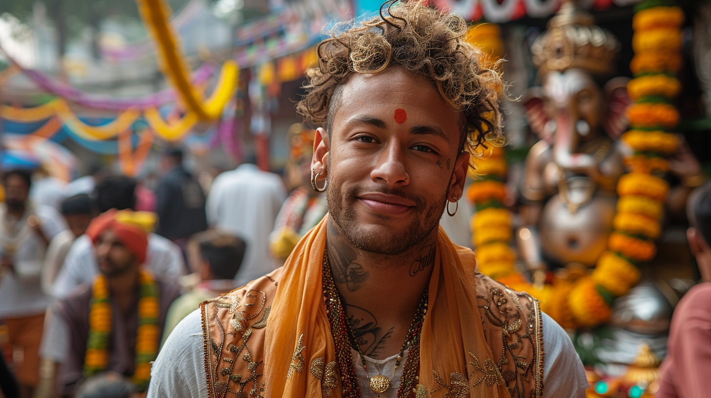 Neymar in Indian clothes smiling with Ganesh statue.