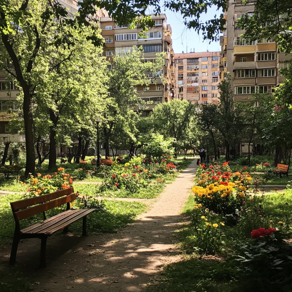 Nice park in Bucharest with kids playing, flowers, trees.