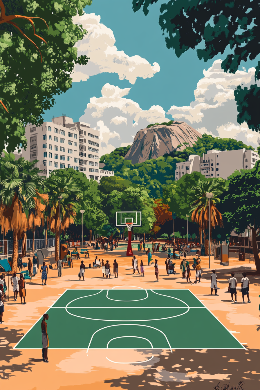 Nigerian-inspired basketball court with Abuja scenery in background.