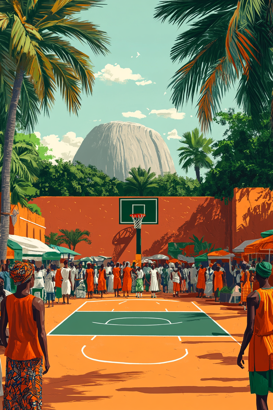 Nigerian-inspired street scene with basketball court as focal point.