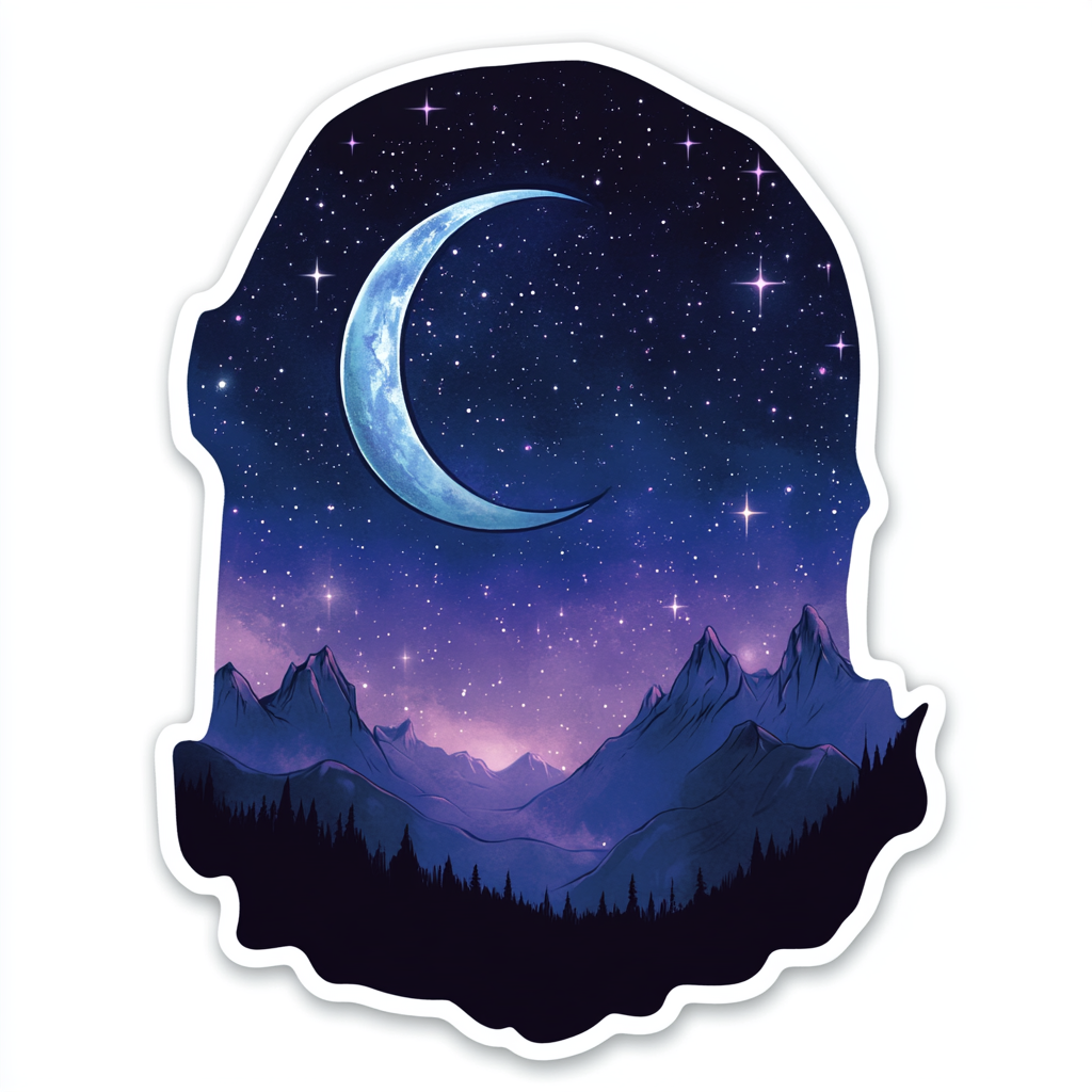 Night Court sticker design with moon, stars, mountains, wings.