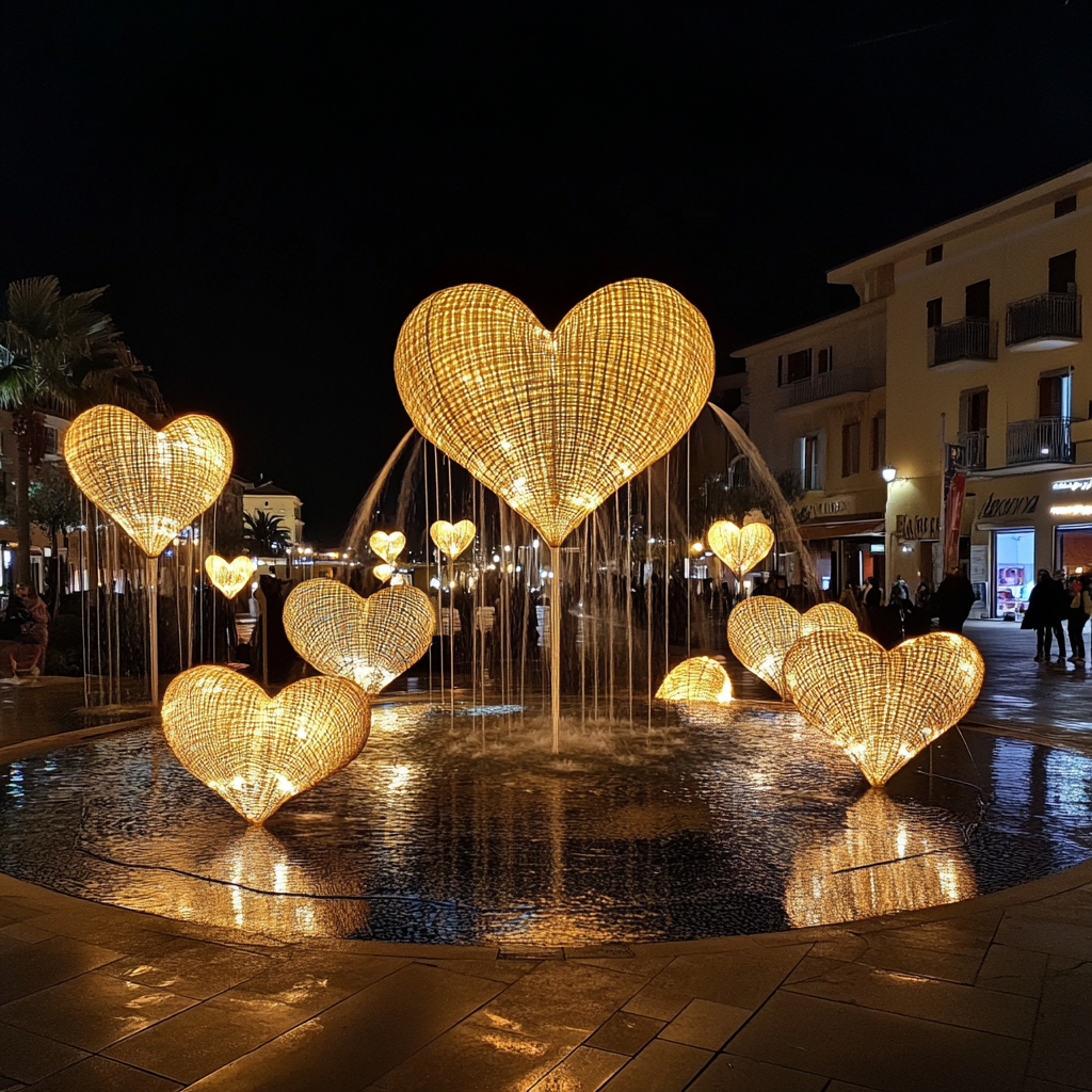 Night Square in Riccione with Heart Lanterns and Fountain 